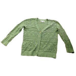 Loft Open-Work Knit V-neckline Crochet Green Cardigan Med